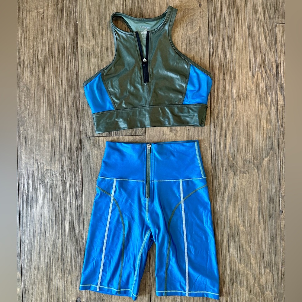 All Access Front-Zip Sports Bra (S) and Bike Shorts (XS) set in Olive/Blue